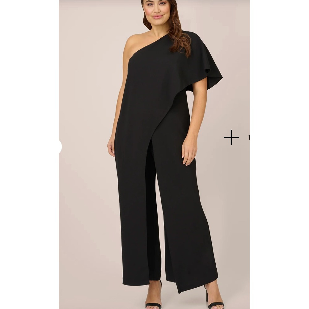 Adrianna Papell One Shoulder Jumpsuit Womens 14 Black Wide Leg Classic Formal